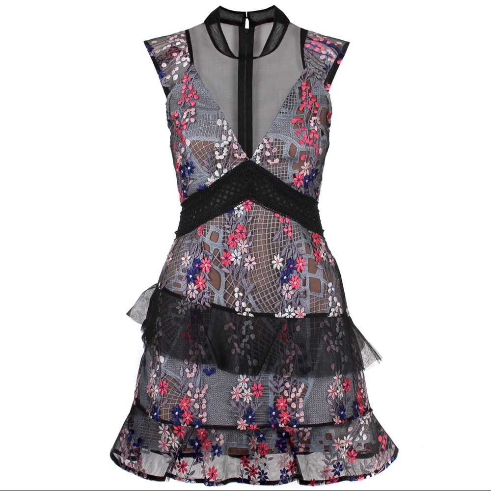 Self-Portrait 60s Vine Overlay Lace Mini Dress
